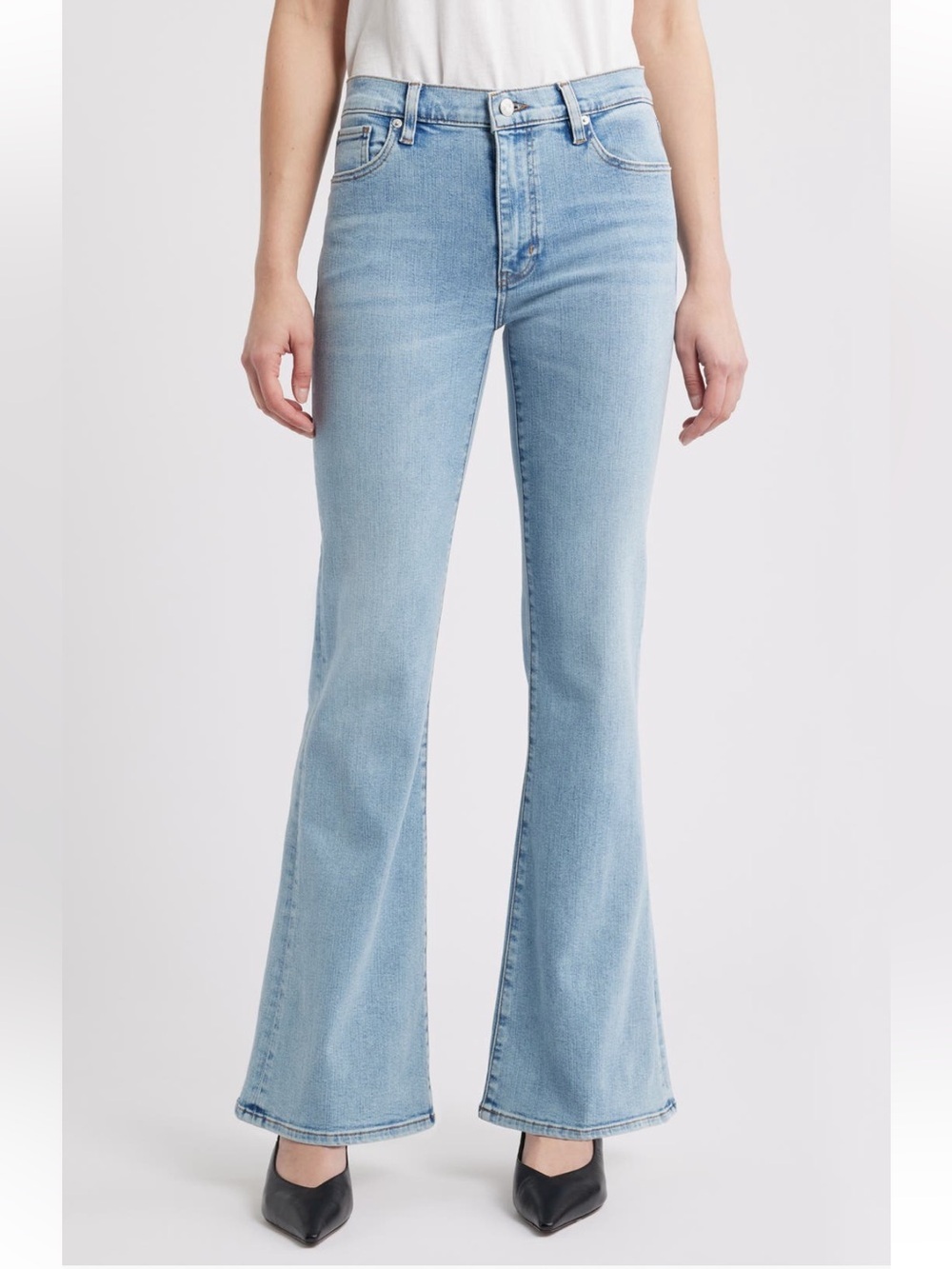 Frame Denim The Icon Flare Jeans in Ripple Full Length Wide Leg Stretch Blue